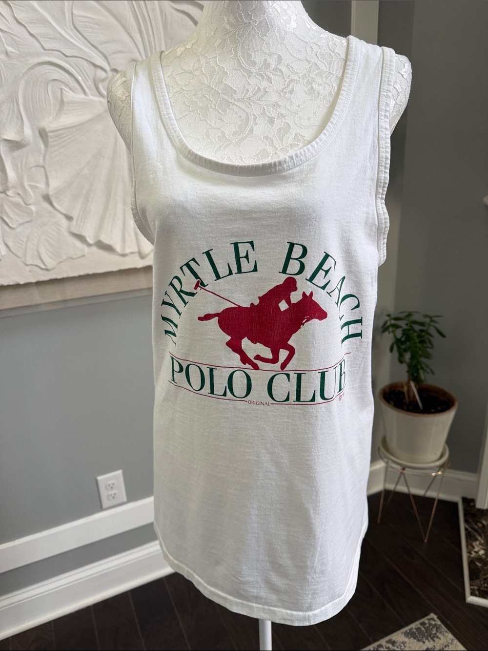 Vtg 90s Myrtle Beach Polo Club Tank Top L White Tennessee River Gold USA Made